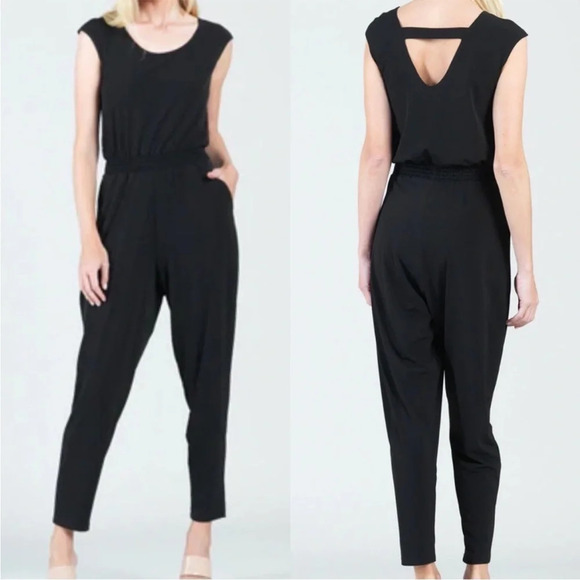 Clara Sun Woo Black Knit Open Back Short Sleeve Jumpsuit - Picture 1 of 8